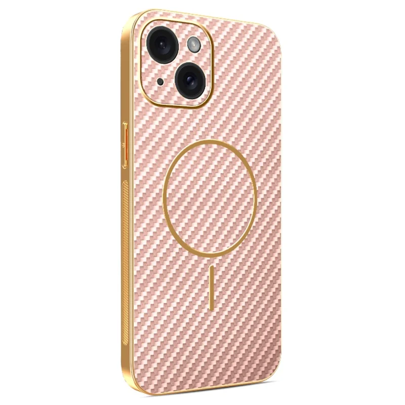 For iPhone 15 Phone Case Carbon Fiber Textured Electroplated TPU Back Cover - Pink