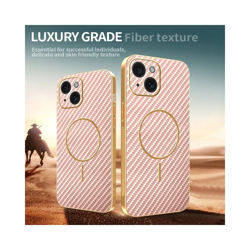 For iPhone 15 Phone Case Carbon Fiber Textured Electroplated TPU Back Cover - Pink