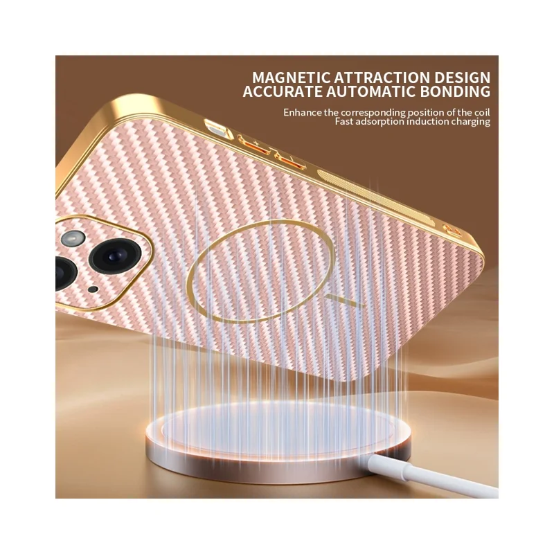 For iPhone 15 Phone Case Carbon Fiber Textured Electroplated TPU Back Cover - Pink