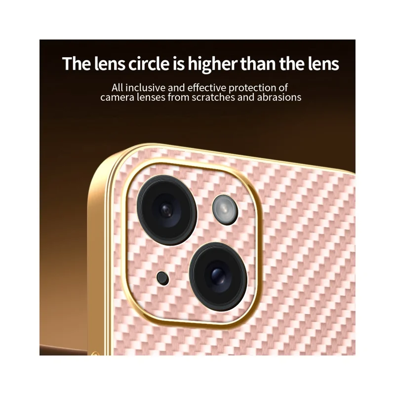 For iPhone 15 Phone Case Carbon Fiber Textured Electroplated TPU Back Cover - Pink