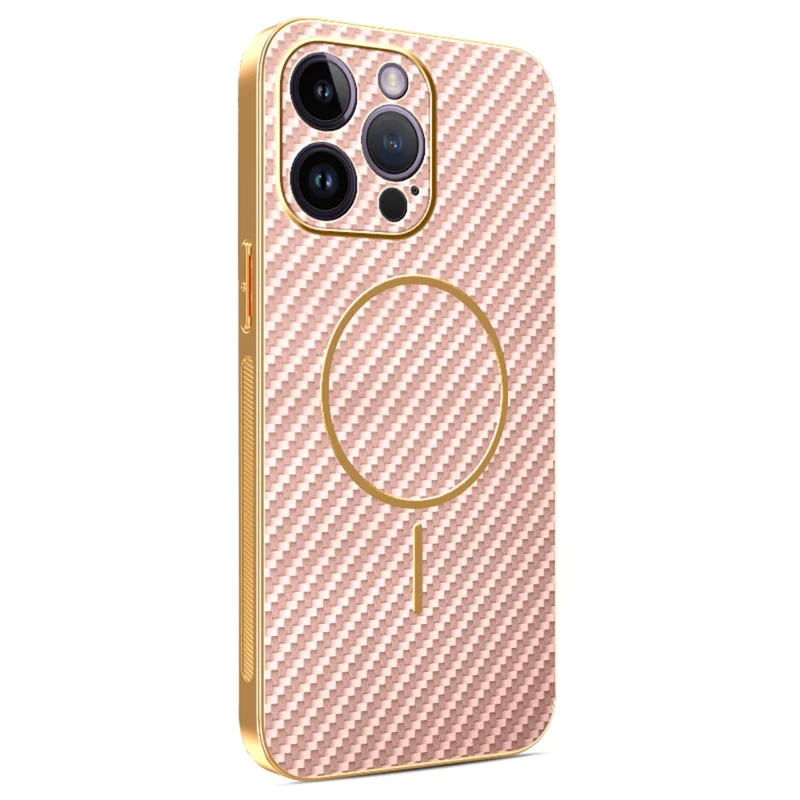 For iPhone 14 Pro Max Phone Case Carbon Fiber Textured Electroplated TPU Back Cover - Pink