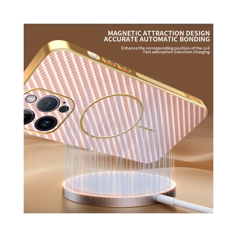 For iPhone 14 Pro Max Phone Case Carbon Fiber Textured Electroplated TPU Back Cover - Pink