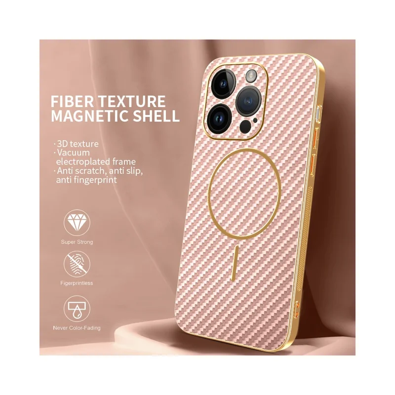 For iPhone 14 Pro Phone Case Carbon Fiber Textured Electroplated TPU Back Cover - Pink