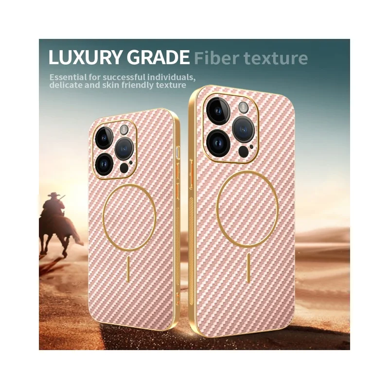 For iPhone 14 Pro Phone Case Carbon Fiber Textured Electroplated TPU Back Cover - Pink