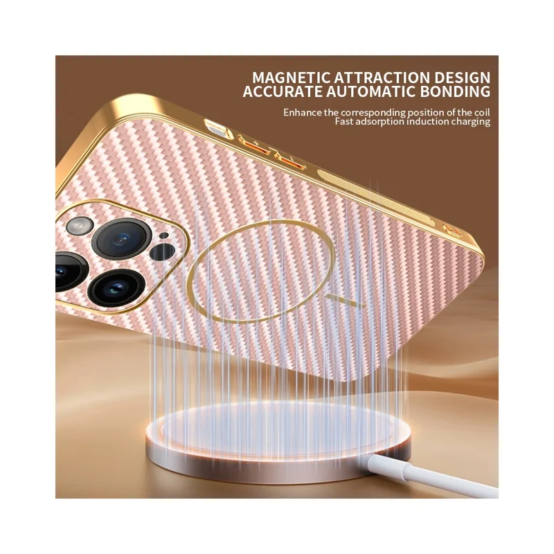 For iPhone 14 Pro Phone Case Carbon Fiber Textured Electroplated TPU Back Cover - Pink