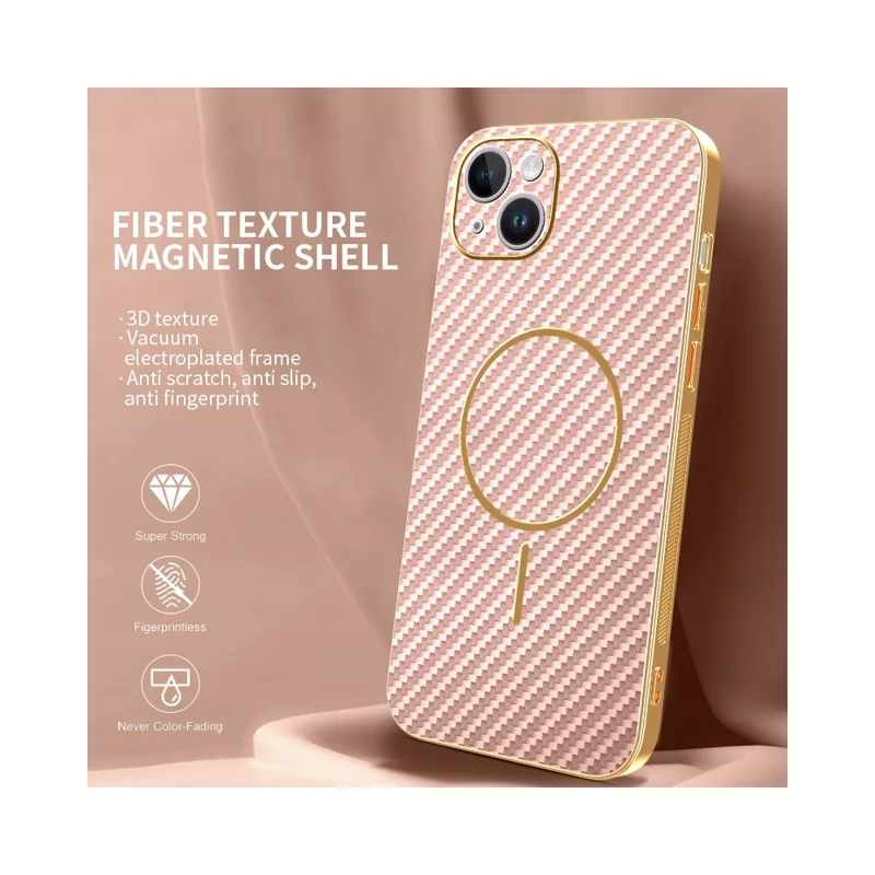 For iPhone 14 Plus Phone Case Carbon Fiber Textured Electroplated TPU Back Cover - Pink