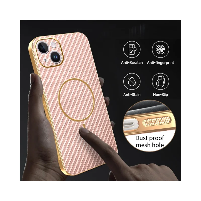For iPhone 14 Plus Phone Case Carbon Fiber Textured Electroplated TPU Back Cover - Pink