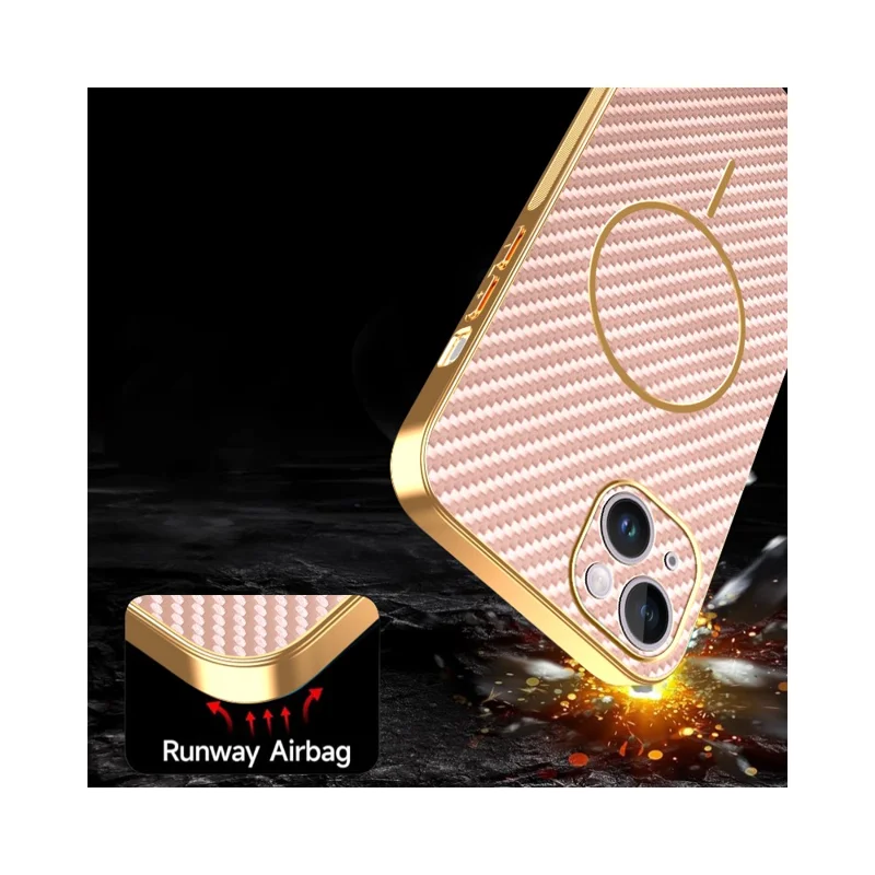 For iPhone 14 Plus Phone Case Carbon Fiber Textured Electroplated TPU Back Cover - Pink