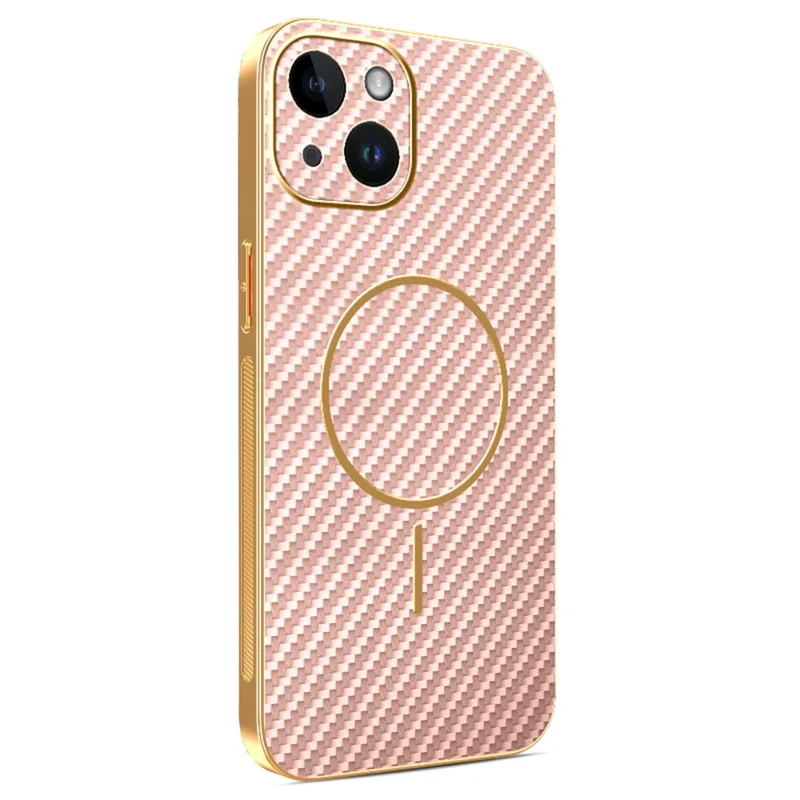 For iPhone 14 Phone Case Carbon Fiber Textured Electroplated TPU Back Cover - Pink