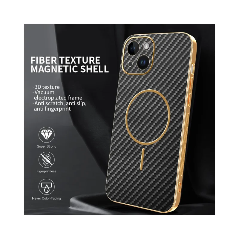 For iPhone 14 Phone Case Carbon Fiber Textured Electroplated TPU Back Cover - Black