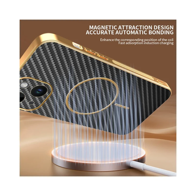 For iPhone 14 Phone Case Carbon Fiber Textured Electroplated TPU Back Cover - Black