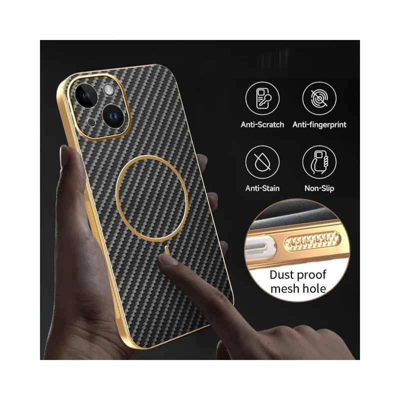 For iPhone 14 Phone Case Carbon Fiber Textured Electroplated TPU Back Cover - Black