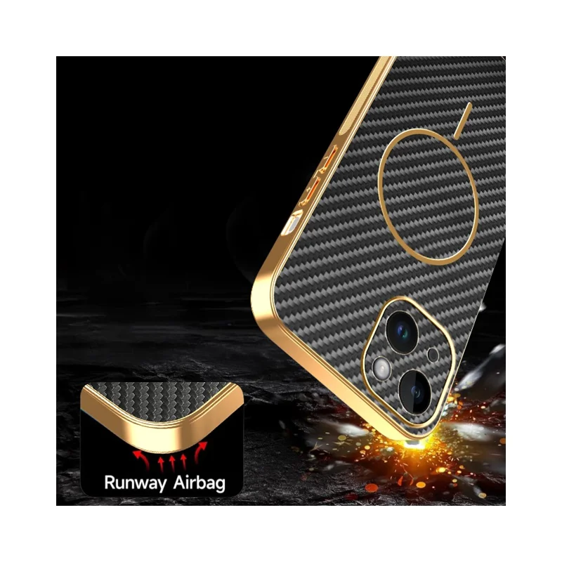 For iPhone 14 Phone Case Carbon Fiber Textured Electroplated TPU Back Cover - Black