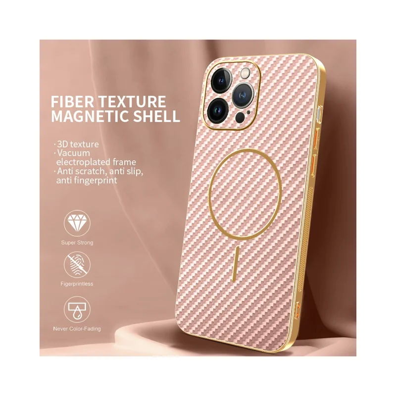 For iPhone 13 Pro Max Phone Case Carbon Fiber Textured Electroplated TPU Back Cover - Pink