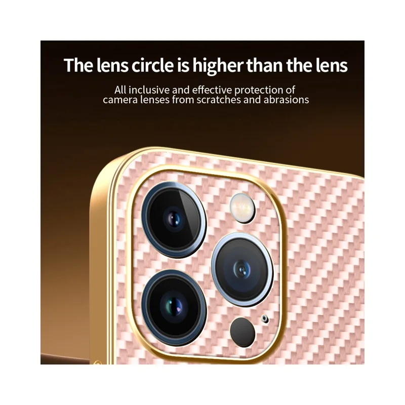 For iPhone 13 Pro Phone Case Carbon Fiber Textured Electroplated TPU Back Cover - Pink