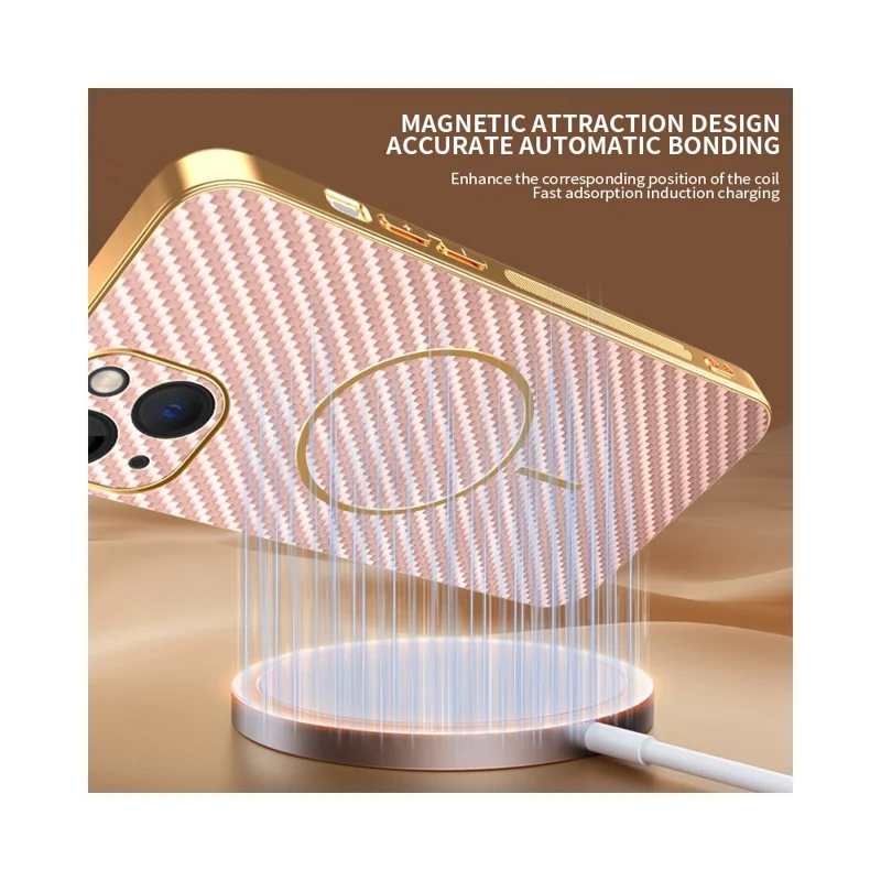 For iPhone 13 Phone Case Carbon Fiber Textured Electroplated TPU Back Cover - Pink