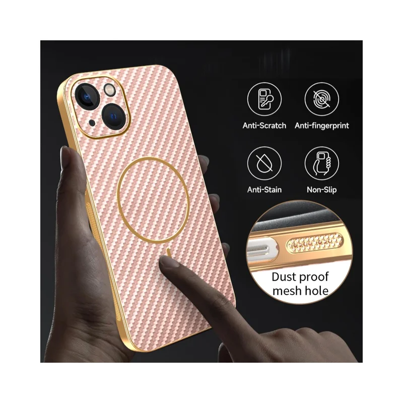 For iPhone 13 Phone Case Carbon Fiber Textured Electroplated TPU Back Cover - Pink