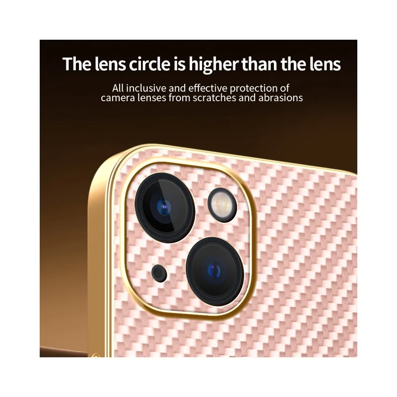 For iPhone 13 Phone Case Carbon Fiber Textured Electroplated TPU Back Cover - Pink