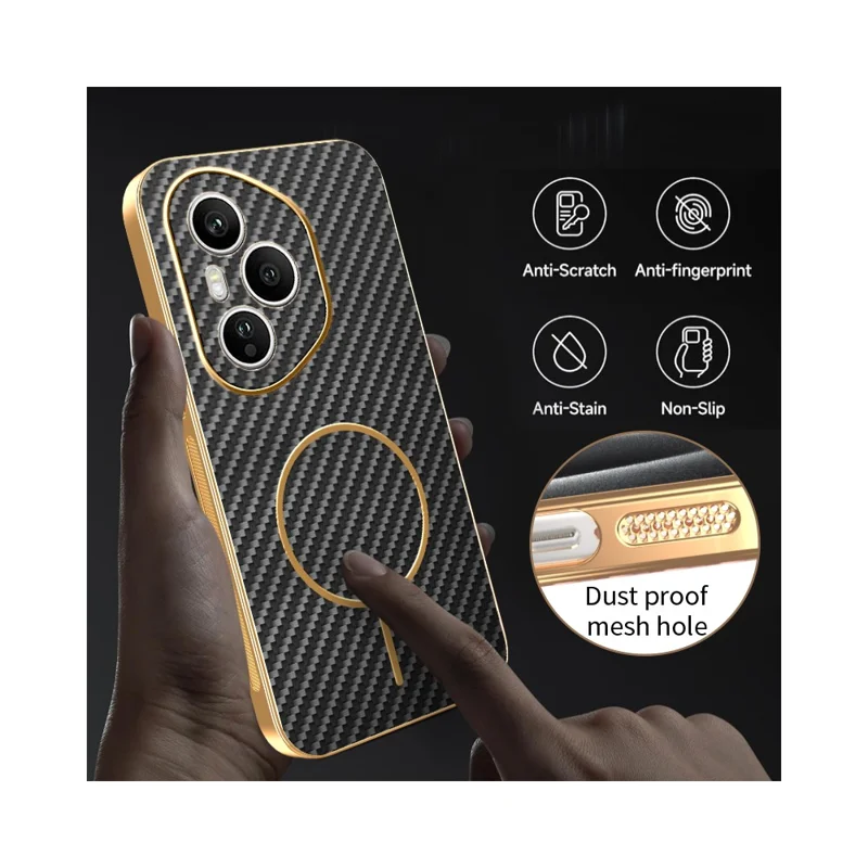 For Honor 400 Pro 5G (Global) Phone Case Carbon Fiber Textured Electroplated TPU Back Cover - Black