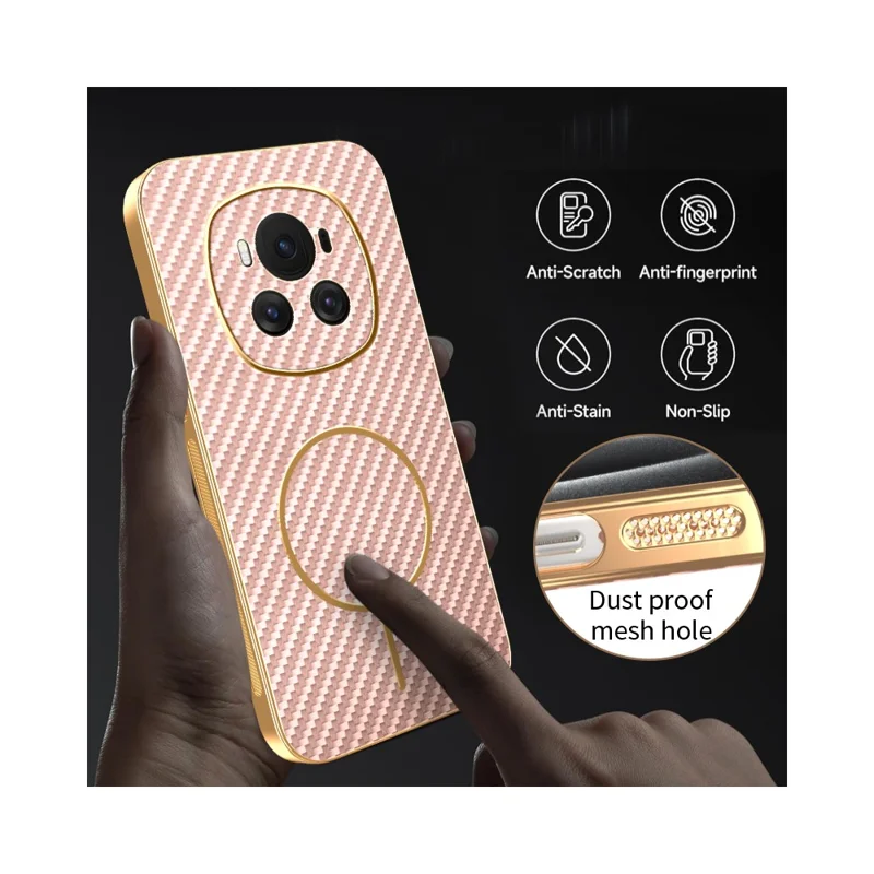 For Honor Magic6 5G Phone Case Carbon Fiber Textured Electroplated TPU Back Cover - Pink