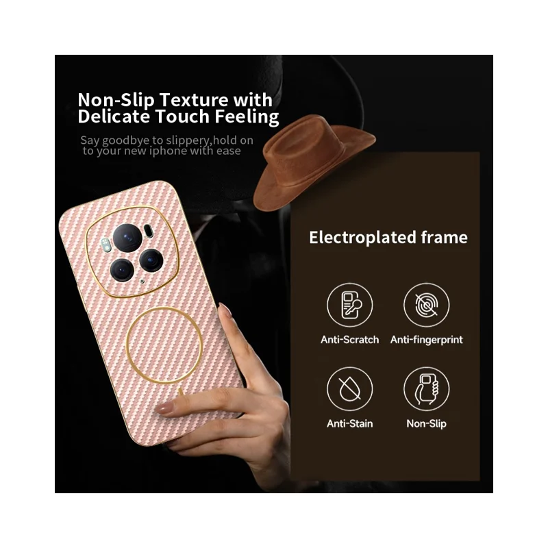 For Honor Magic6 Pro 5G Phone Case Carbon Fiber Textured Electroplated TPU Back Cover - Pink