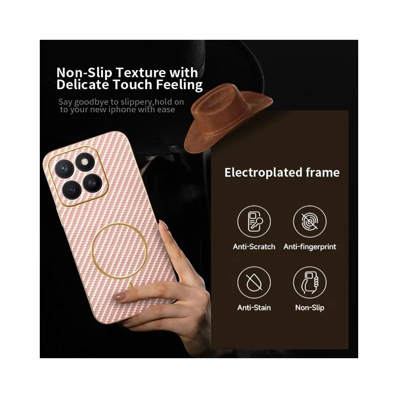 For Honor X8c 4G Phone Case Carbon Fiber Textured Electroplated TPU Back Cover - Pink