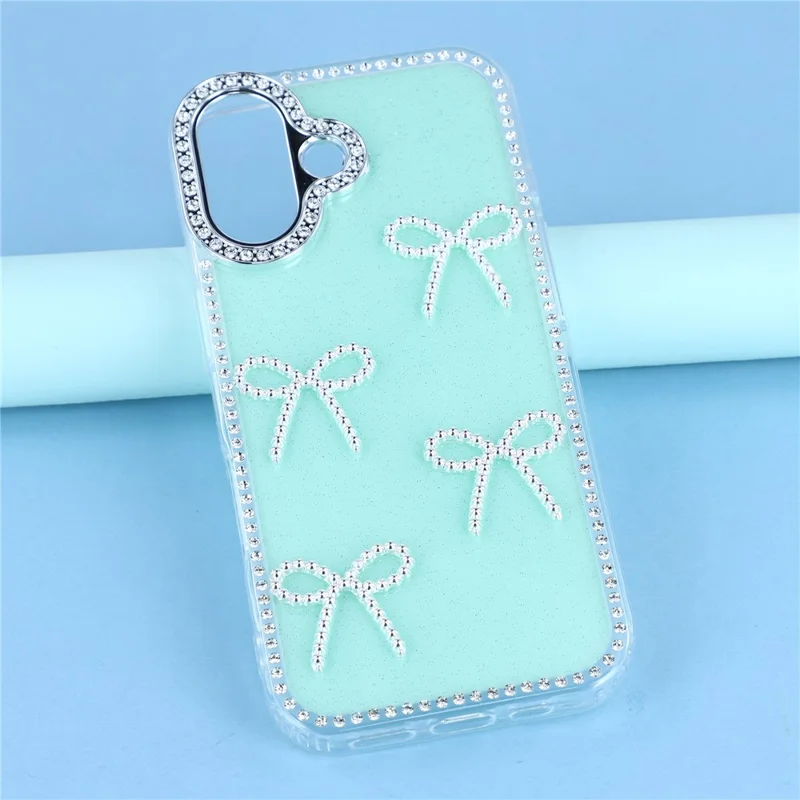 For iPhone 16 Case Rhinestone Edge Butterfly Bow Decor TPU + PC IMD Phone Cover - Glitter Light Green