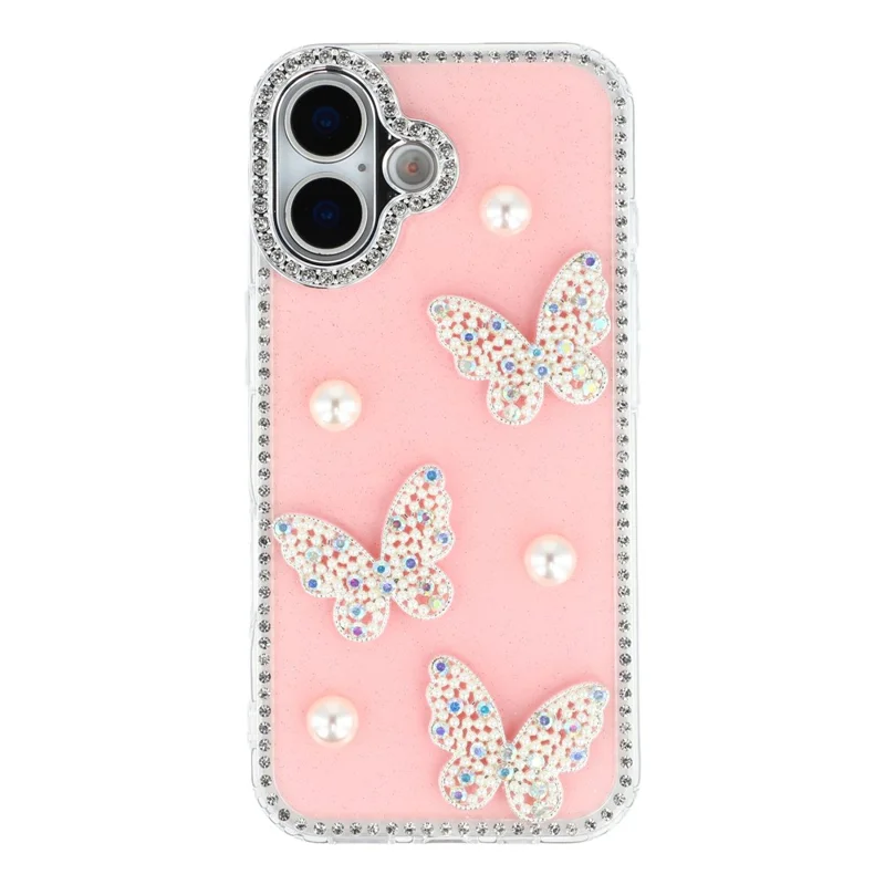 Für iPhone 17 Hülle Rhinestone Edge Pearl Butterfly Decor TPU + PC IMD Handyhülle - Glitzer Hellrosa