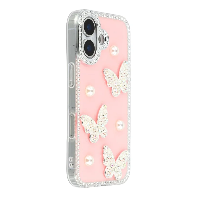 For iPhone 16 Case Rhinestone Edge Pearl Butterfly Decor TPU + PC IMD Phone Cover - Glitter Light Pink
