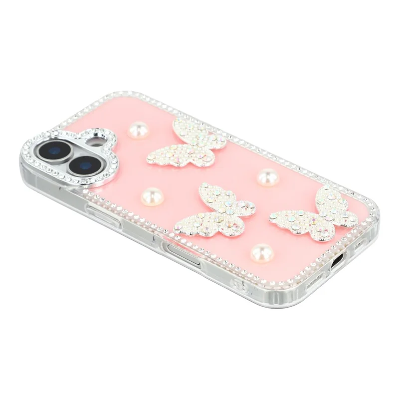 For iPhone 16 Case Rhinestone Edge Pearl Butterfly Decor TPU + PC IMD Phone Cover - Glitter Light Pink