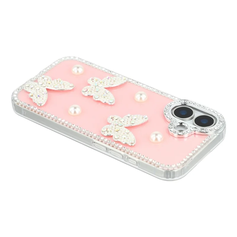 For iPhone 16 Case Rhinestone Edge Pearl Butterfly Decor TPU + PC IMD Phone Cover - Glitter Light Pink