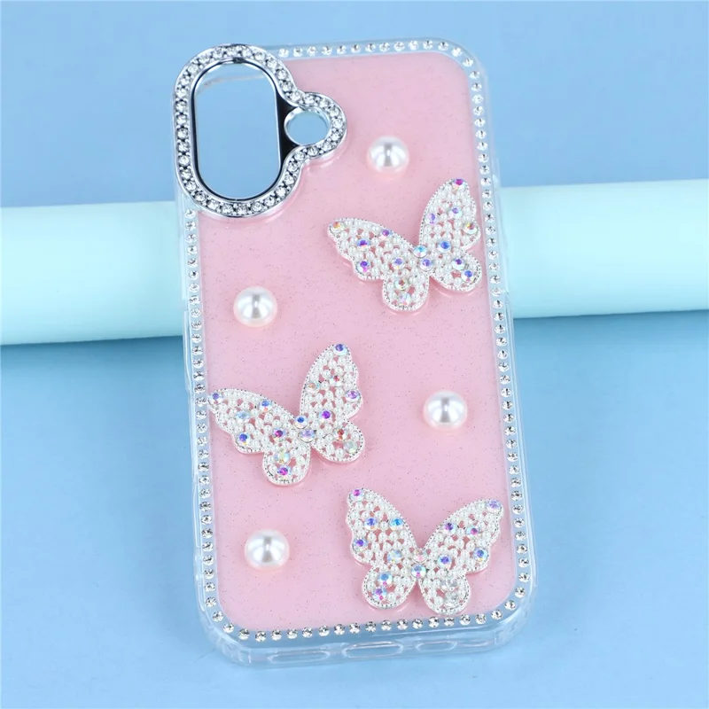 For iPhone 16 Case Rhinestone Edge Pearl Butterfly Decor TPU + PC IMD Phone Cover - Glitter Light Pink