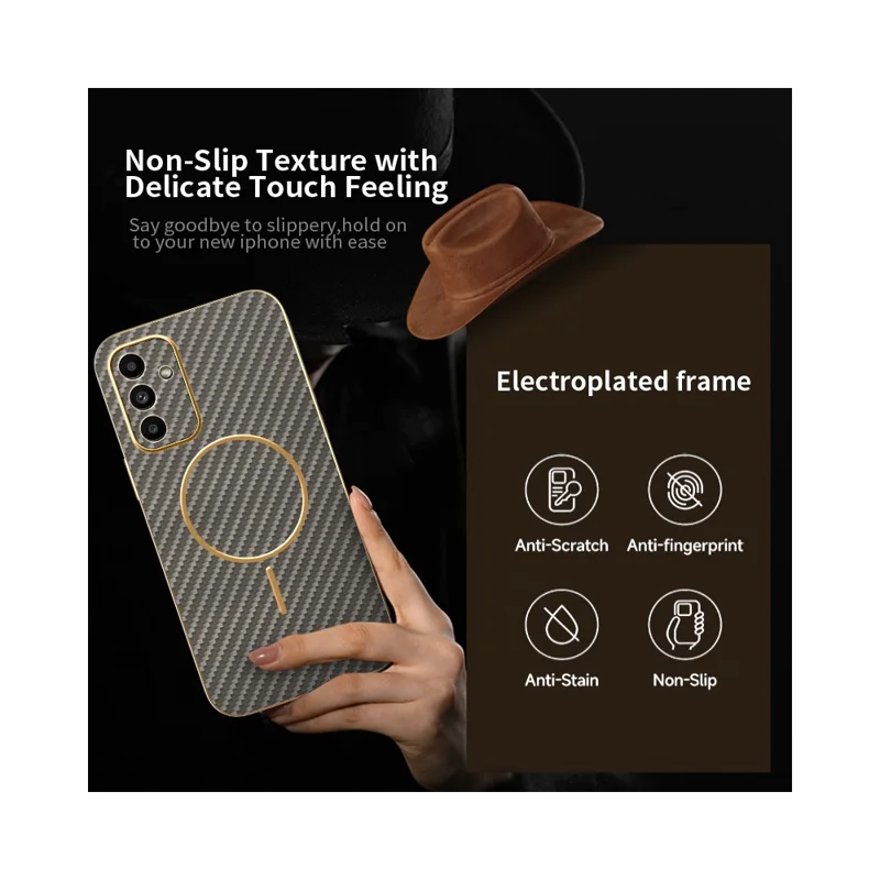 For Samsung Galaxy A15 5G Phone Case Carbon Fiber Textured Electroplated TPU Back Cover - Coffee