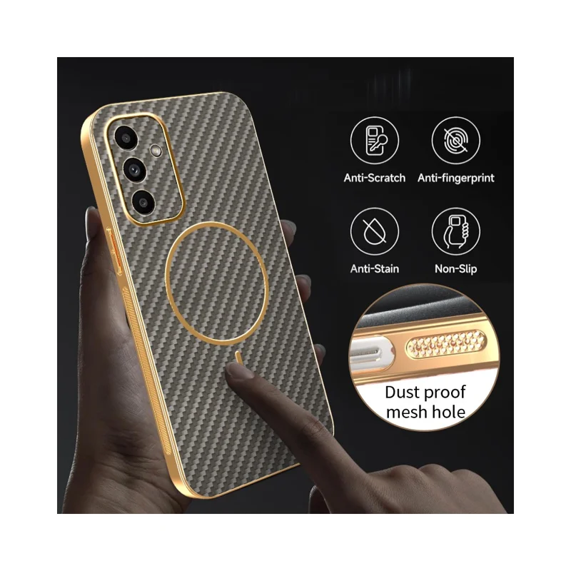 For Samsung Galaxy A15 5G Phone Case Carbon Fiber Textured Electroplated TPU Back Cover - Coffee