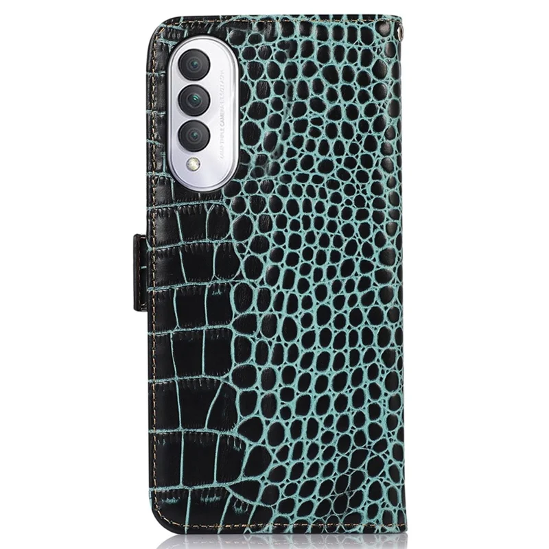 For Honor X20 SE Crocodile Texture Genuine Cowhide Leather Flip Folio Case Wallet Design RFID Blocking Stand Shockproof Phone Cover - Green