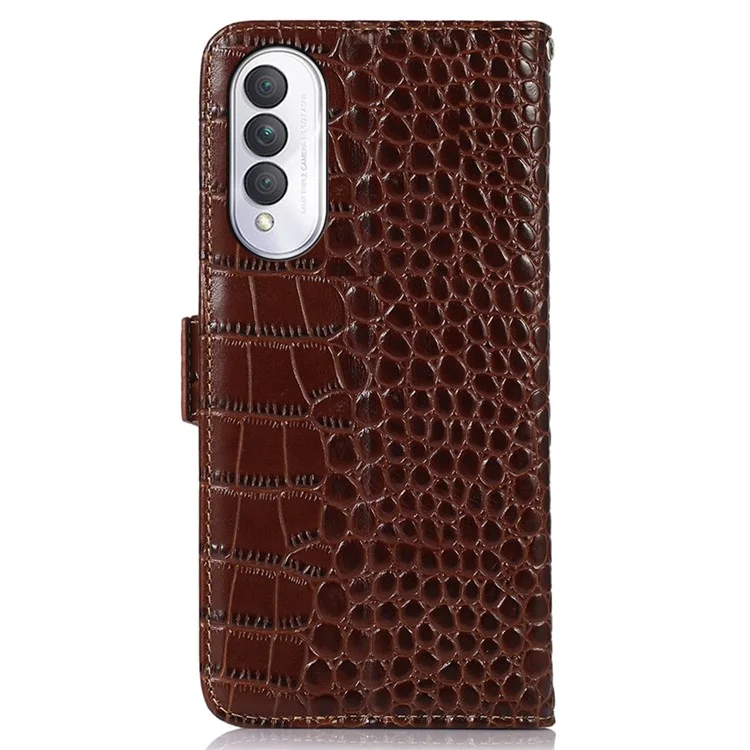 For Honor X20 SE Crocodile Texture Genuine Cowhide Leather Flip Folio Case Wallet Design RFID Blocking Stand Shockproof Phone Cover - Brown