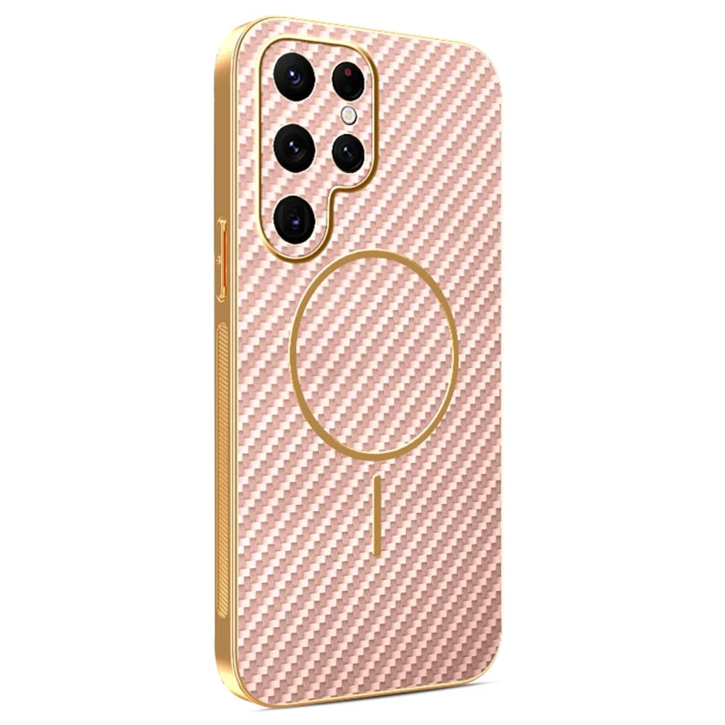 For Samsung Galaxy S22 Ultra 5G Phone Case Carbon Fiber Textured Electroplated TPU Back Cover - Pink