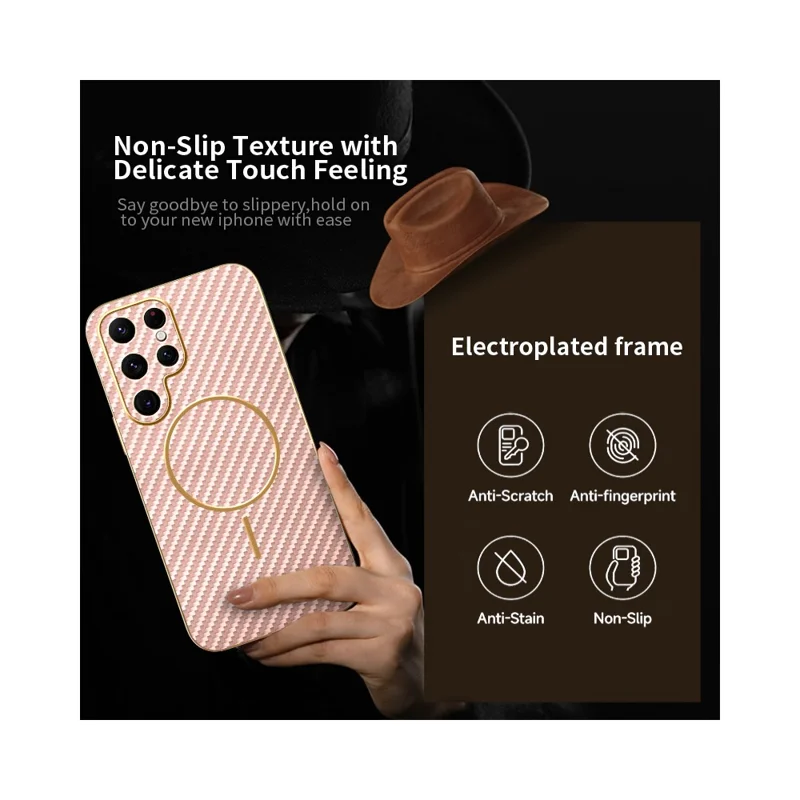 For Samsung Galaxy S22 Ultra 5G Phone Case Carbon Fiber Textured Electroplated TPU Back Cover - Pink