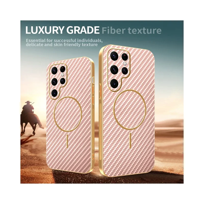 For Samsung Galaxy S22 Ultra 5G Phone Case Carbon Fiber Textured Electroplated TPU Back Cover - Pink