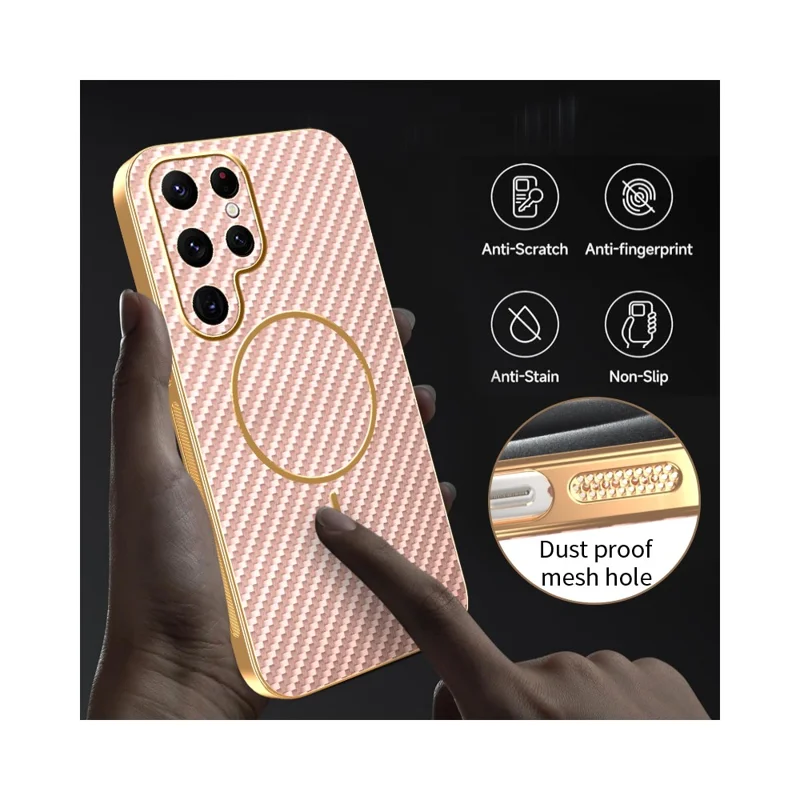 For Samsung Galaxy S22 Ultra 5G Phone Case Carbon Fiber Textured Electroplated TPU Back Cover - Pink