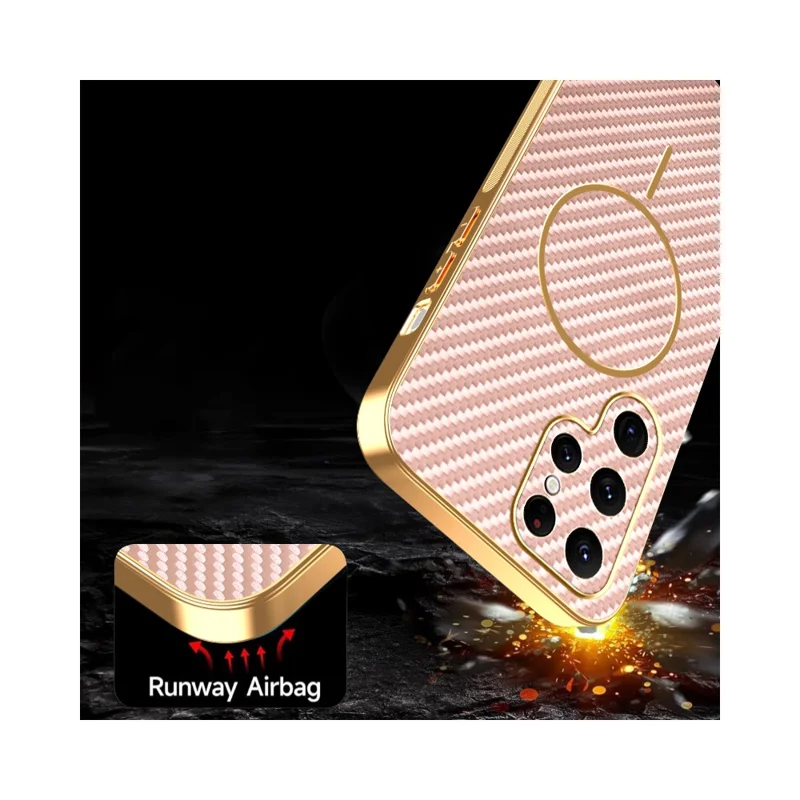 For Samsung Galaxy S22 Ultra 5G Phone Case Carbon Fiber Textured Electroplated TPU Back Cover - Pink