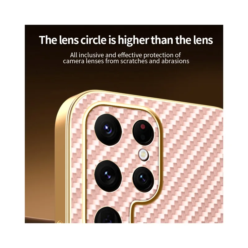 For Samsung Galaxy S22 Ultra 5G Phone Case Carbon Fiber Textured Electroplated TPU Back Cover - Pink