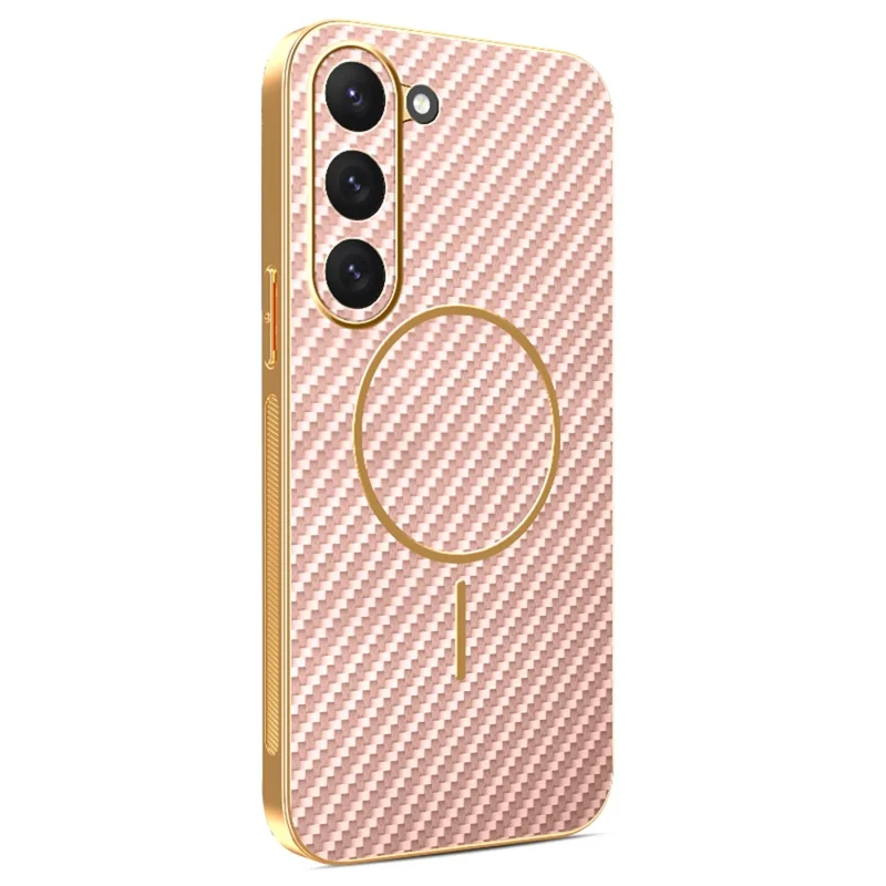 For Samsung Galaxy S23 Phone Case Carbon Fiber Textured Electroplated TPU Back Cover - Pink