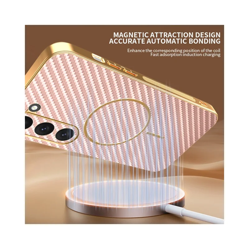 For Samsung Galaxy S23 Phone Case Carbon Fiber Textured Electroplated TPU Back Cover - Pink