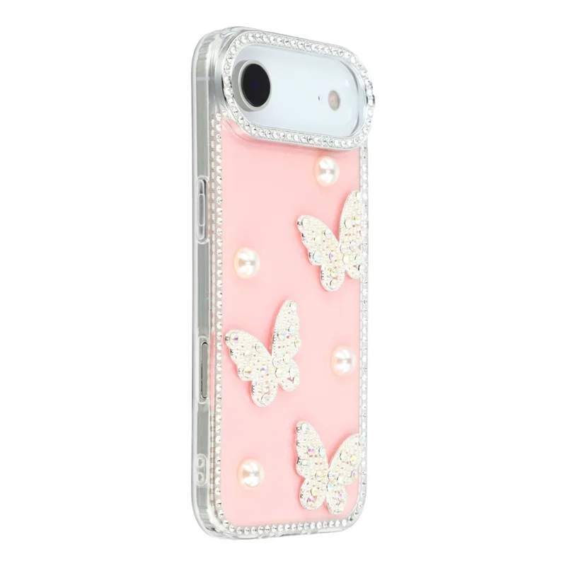 Funda de Aire para iPhone con Borde de Rhinestone, Decoración de Mariposa de Perla, Cubierta de Teléfono de TPU + PC IMD - Rosa Claro Brillante