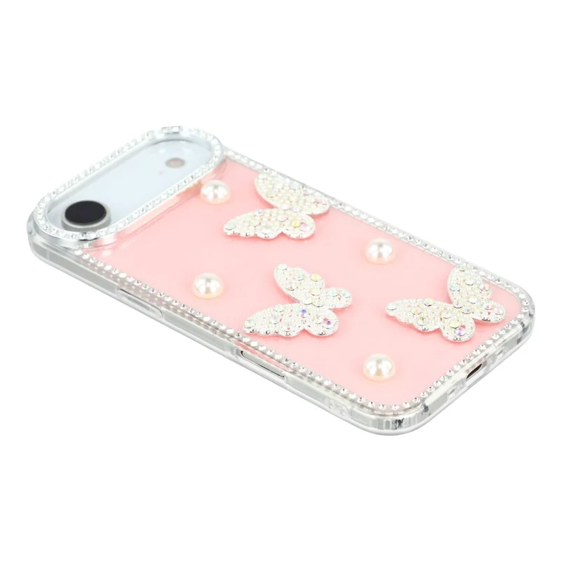 Funda de Aire para iPhone con Borde de Rhinestone, Decoración de Mariposa de Perla, Cubierta de Teléfono de TPU + PC IMD - Rosa Claro Brillante