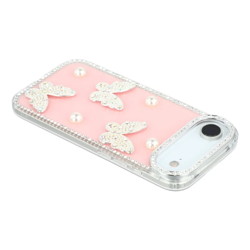 Funda de Aire para iPhone con Borde de Rhinestone, Decoración de Mariposa de Perla, Cubierta de Teléfono de TPU + PC IMD - Rosa Claro Brillante
