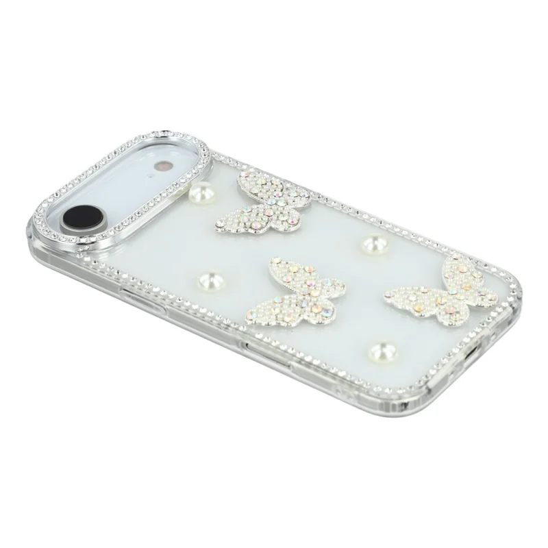 For iPhone Air Case Rhinestone Edge Pearl Butterfly Decor TPU + PC IMD Phone Cover - Glitter Transparent
