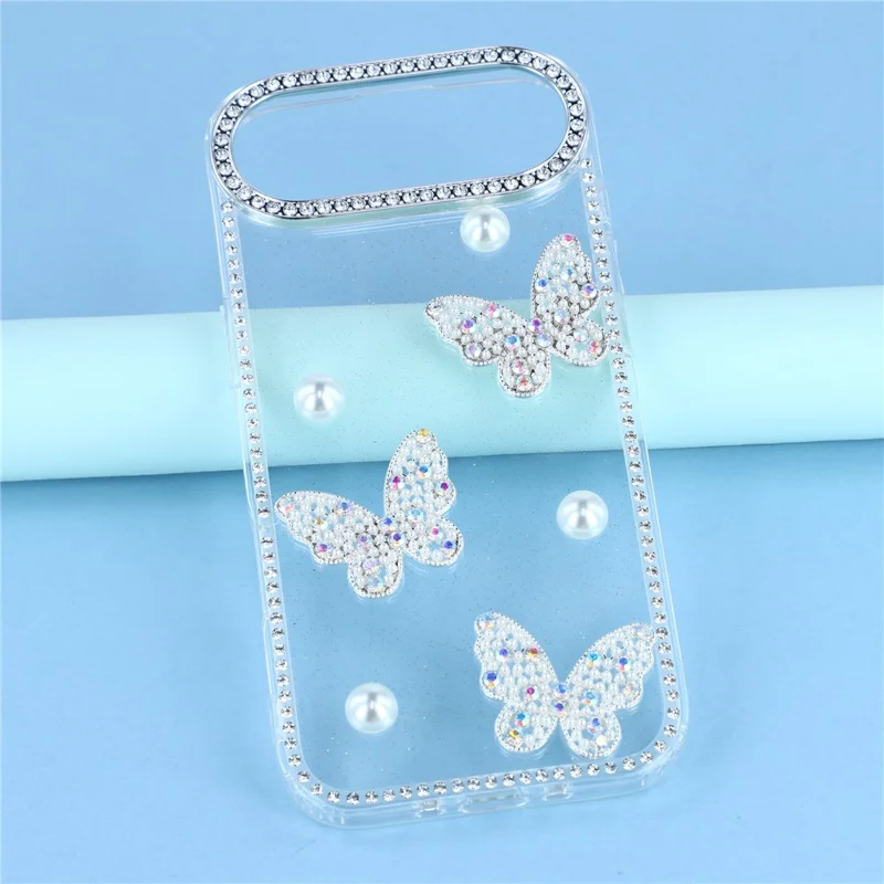 For iPhone Air Case Rhinestone Edge Pearl Butterfly Decor TPU + PC IMD Phone Cover - Glitter Transparent