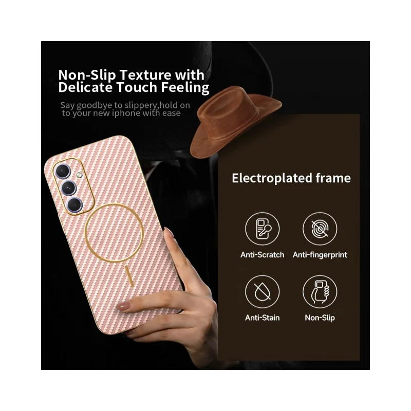 For Samsung Galaxy A54 5G Phone Case Carbon Fiber Textured Electroplated TPU Back Cover - Pink
